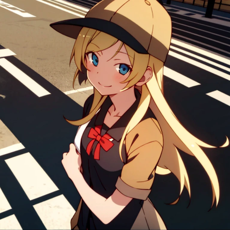 best quality, masterpiece, solo, (1girl),long blonde hair,tomboy ,crosswalk,sunset, looking at viewer, smiling ,headshot,from above