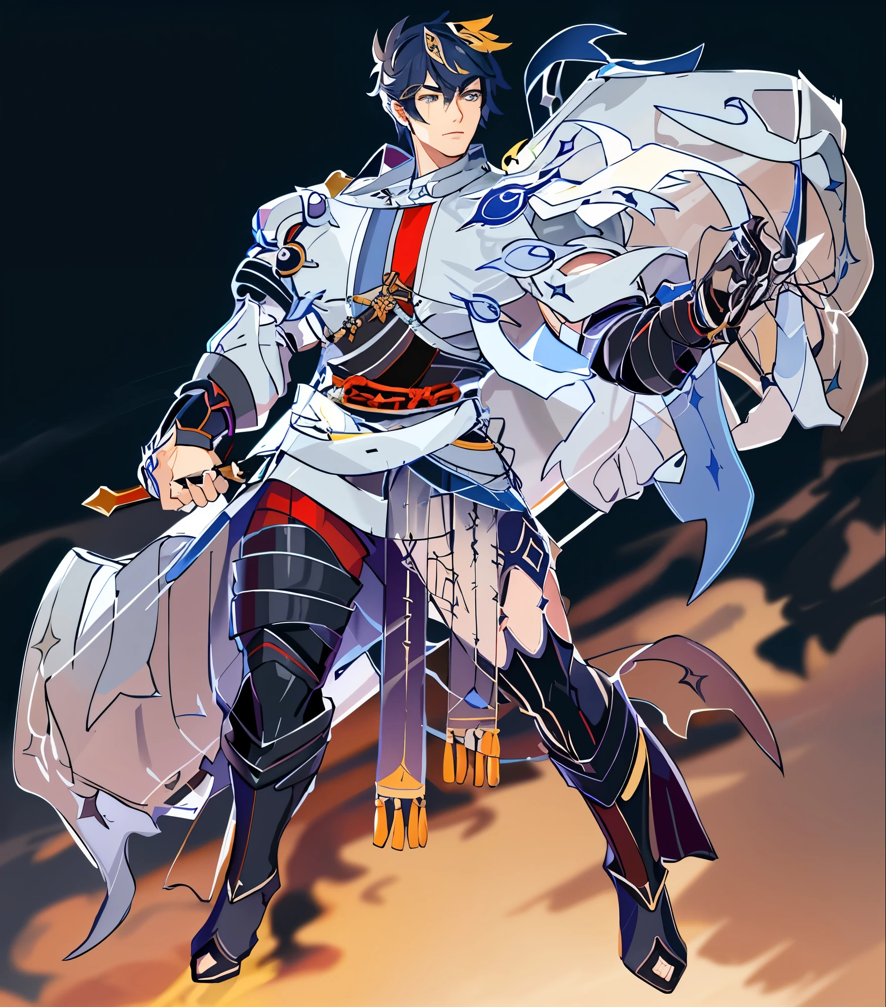 a cartoon of a man in armor holding a sword, keqing from genshin impact, genshin impact character, zhongli from genshin impact, a human male paladin, genshin, genshin impact style, male paladin, inspired by Okumura Masanobu, official character art, zenra taliyah, genshin impact