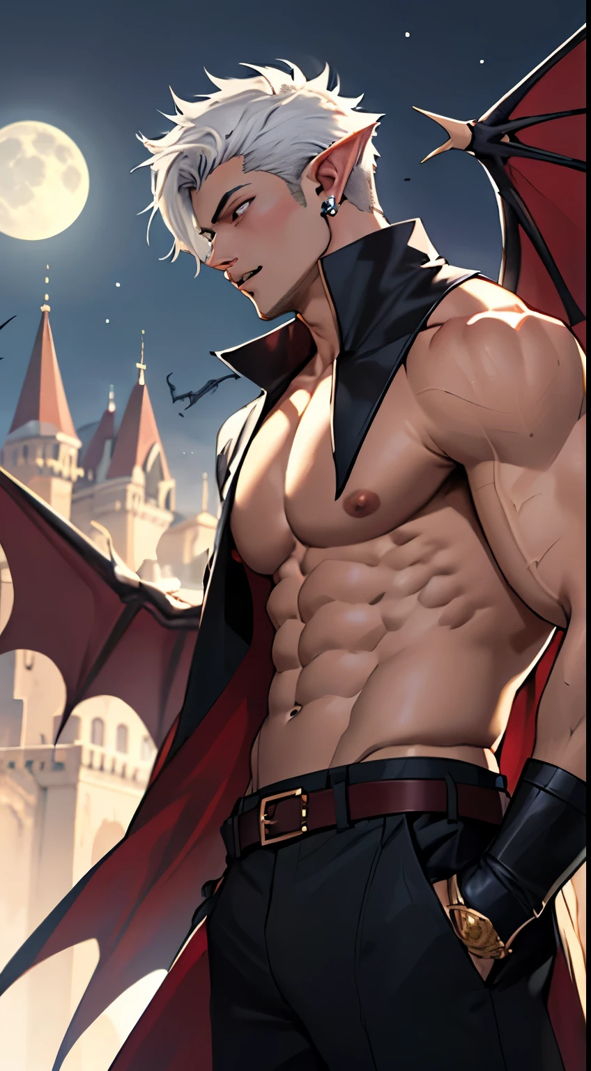 Male,male body,muscle,muscular,shirtless ,top less,8k,add_detail,best quality,sharp focus,masterpiecedetail eyes,extreme detail,super detail,vibrant colors,cinematic,high quality,4k,white skin,hand some ,fit,abs,six pack,Big muscle,gym,lower_body,upper body,close shot,close-up,front view,short hair,hot guy,guy,tall,front ,sexy male,sexy face,sexy pose,boyfriend ,vampire,demon,night,dark night,full moon,fantasy world,castle,in the castle ,fangs , fangs, masterpiecedetail body,perfect body,bat wings,elf ears , overcoat, formal dress, King's outfit,glowing eyes ,golden rings,luxury belt,luxury outfit ,,white hair,luxury pants ,moon light ,luxurious ,bats in the night sky ,in side ,Tran from,extremely tran from,strong neck,human bat,big bat wings,Ear piercing