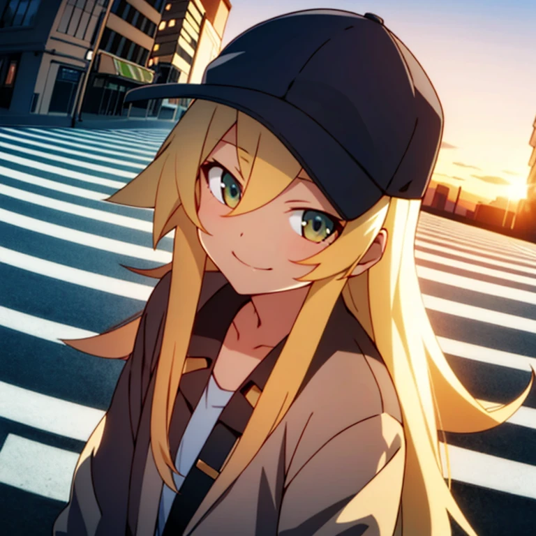 best quality, masterpiece, solo, (1girl),long blonde hair,tomboy ,crosswalk,sunset, looking at viewer, smiling ,headshot,from above