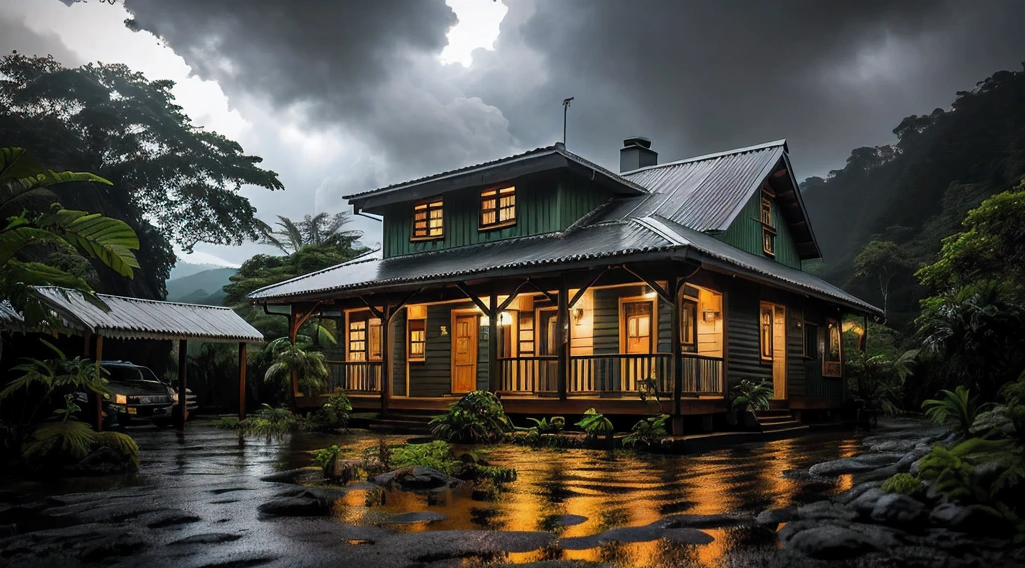 Vintage wooden house, lush small house, beautiful house, night, lights on, Costa Rica green rainforest, Heavy rain falling on the roof, Emphasizing the contrast between the natural environment and the rainwater flowing from the roof, dark scene after the rain, landscape wet, dark clouds, nature photography, Portrait with macro lens (Nikon AF -S VR Mini Nikkor 105mm f/ 2.8G IF) When aperture is f/5.6