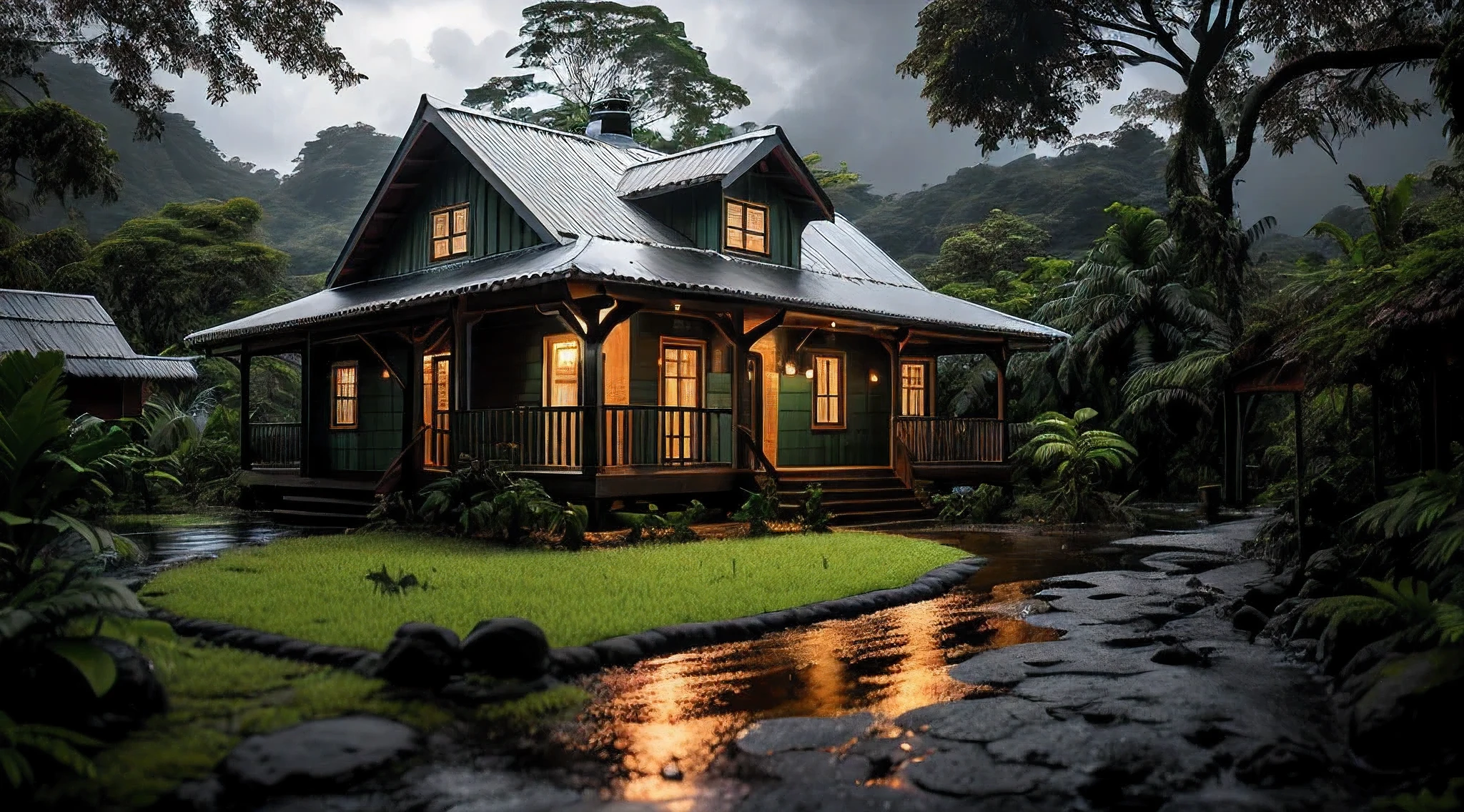 Vintage wooden house, lush small house, beautiful house, night, lights on, Costa Rica green rainforest, Heavy rain falling on the roof, Emphasizing the contrast between the natural environment and the rainwater flowing from the roof, dark scene after the rain, landscape wet, dark clouds, nature photography, Portrait with macro lens (Nikon AF -S VR Mini Nikkor 105mm f/ 2.8G IF) When aperture is f/5.6