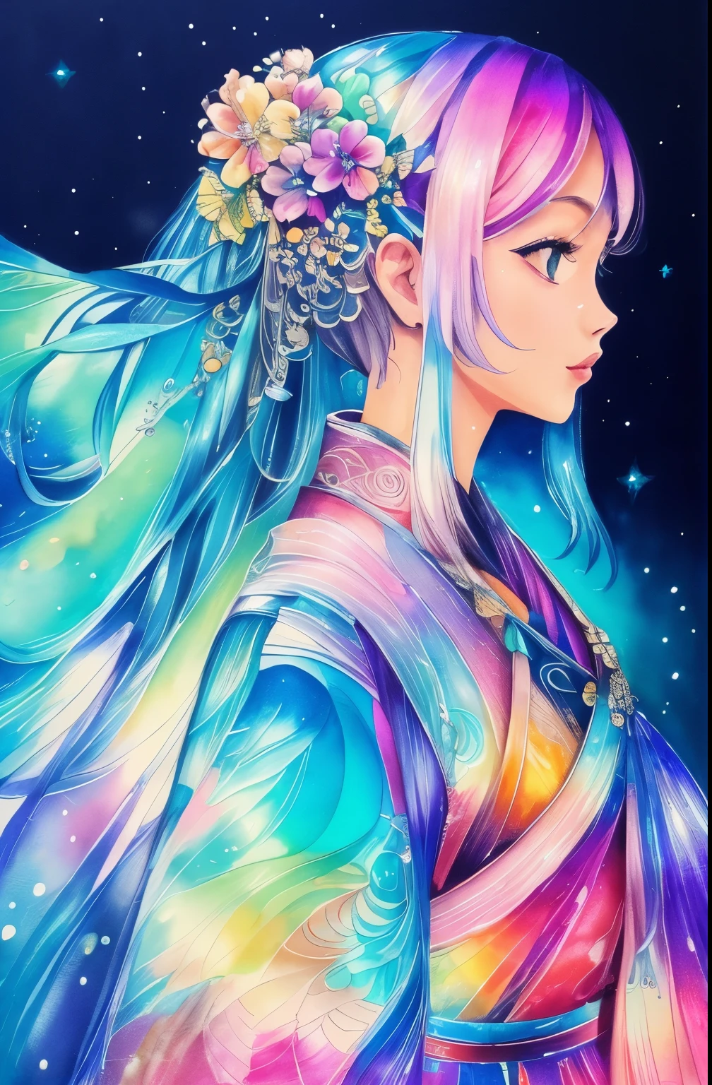 finest image, iridescent watercolor drawing style, water drops, ripples, feel the cool breeze, glittering hair ornament, wet on wet and sputtering technique, abstraction, splash paint, clouds wet to wet techniques, rice paper texture, ink painting, background glittering