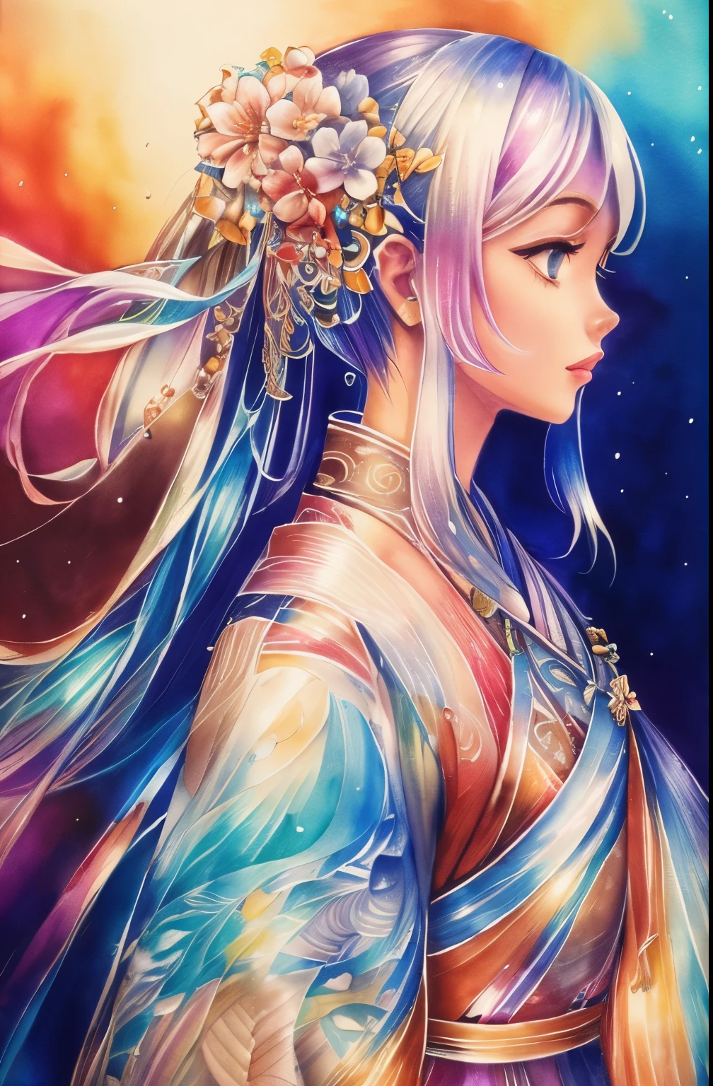 finest image, watercolor drawing style, water drops, ripples, feel the cool breeze, glittering hair ornament, wet on wet and sputtering technique, abstraction, splash paint, clouds wet to wet techniques, rice paper texture, ink painting, background glittering