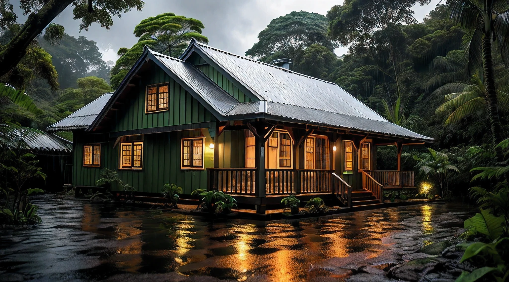 Vintage wooden house, lush small house, beautiful house, night, lights on, Costa Rica green rainforest, Heavy rain falling on the roof, Emphasizing the contrast between the natural environment and the rainwater flowing from the roof, dark scene after the rain, landscape wet, dark clouds, nature photography, Portrait with macro lens (Nikon AF -S VR Mini Nikkor 105mm f/ 2.8G IF) When aperture is f/5.6