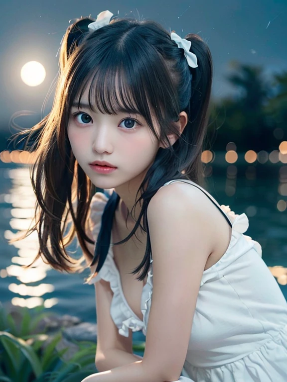 (Close up portrait of slender little breasts girl with twin-tailed hair fluttering in the wind in ruffled dress:1.5)、(Girl sadly looking at full moon shining in night sky:1.3)、(Full moon and late night sea :1.3)、(tre anatomically correct:1.3)、(complete hands:1.3)、(complete fingers:1.3)、Photorealsitic、Raw photography、masutepiece、top-quality、Hi-Res、delicate and pretty、face perfect、Beautiful detailed eyes、Fair skin、Real Human Skin、pores、((thin legs))、(Dark hair)
