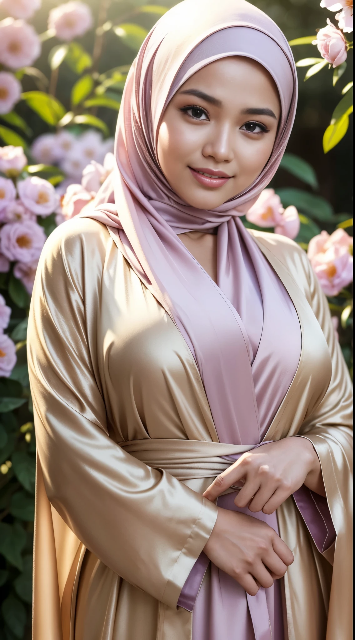Close up),RAW, Best quality, high resolution, masterpiece: 1.3), Beautiful Malay woman in hijab,Karya, fit body,sthick thighs,big beautiful eyes, Soft smile, beautiful face,close up of a woman wearing a purple dress and a hijab, hijab, wearing beautiful clothes, lovely woman, purple tunic, beautiful design, cute beautiful, purple outfit, with lovely look, beautiful female, purple color, purple top, beautiful malay woman, very beautiful girl, with beautiful colors, very beautiful girl, cute woman, purple skin color, with a view of mountains, full body picture, , with sunset, moutain in background Great lighting, Bright colors, Clean lines