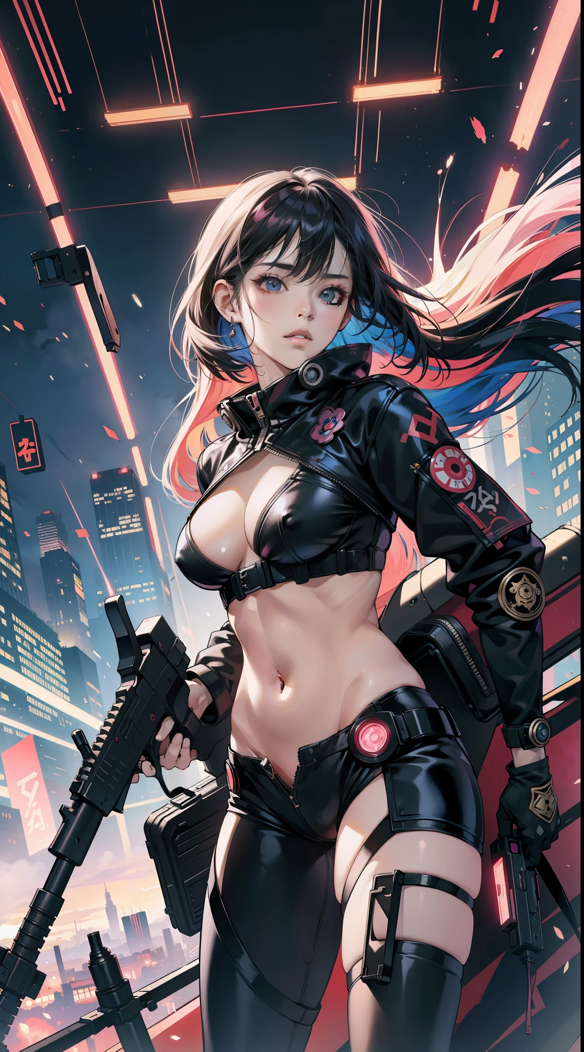 Takashi murakami,pop culture art,manga,a female Nsfw cyborg,erotic posing,doujin,hentai,kawaii,stylish,pussy,busty, pubic hair,glamour,pop color tone,psychedelic costume,dynamic angle,cinematic scene,armored,A Cyberpunk dystopian girl,fantasic dystopia,dystopian scape,bladerunner,ghost in the shell,photorealistic,psychedelic colourful tone,posing,armed,guns,weapons,masterpiece,ultimate detailed,8k,detailed background