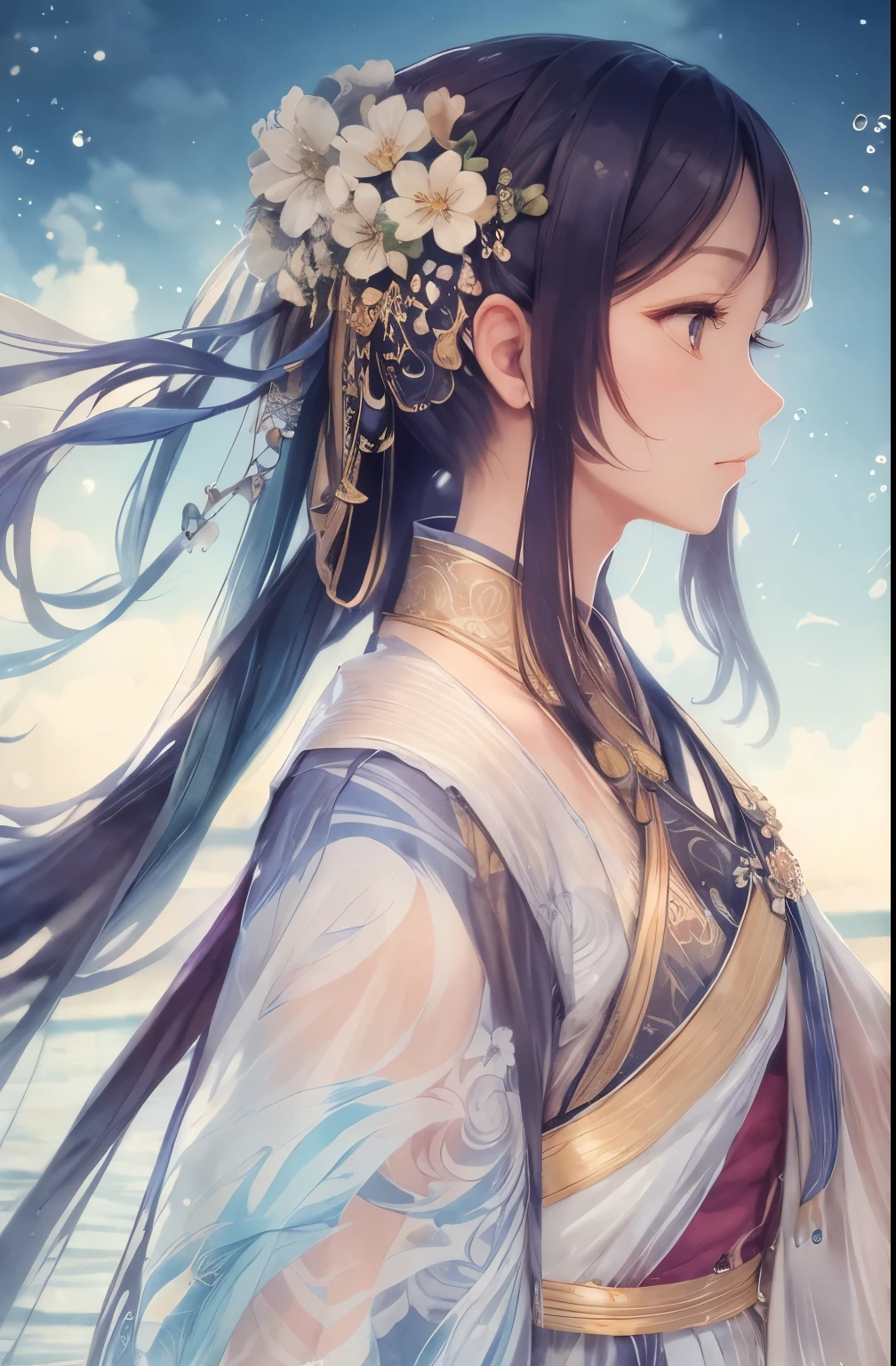 finest image, watercolor drawing style, water drops, ripples, feel the cool breeze, glittering hair ornament, wet on wet and sputtering technique, abstraction, splash paint, clouds wet to wet techniques, rice paper texture, ink painting, background glittering
