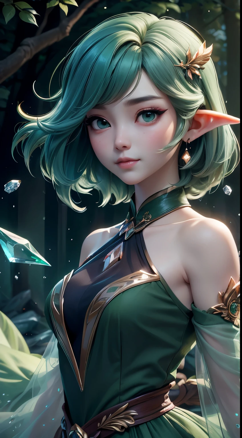 (Masterpiece, Top Quality, Best, Official Art, Beautiful and Aesthetic, Long Exposure: 1.2), Smooth Movement, Charming Patterns, 1 Girl, (Long Dress with Sleeves: 1.3), (((Green Clothes) )), upper body close-up, bare shoulders, Chinese girl, blush, black lob hair, portrait, solo, upper body, looking at the observer, detailed background, detailed face, (crystallineAI, crystalline theme:1.1), elemental wood elf, rotation foliage, control foliage, emerald clothing, dynamic pose, floating particles, ethereal dynamics, foliage, vapor, forest in the background, green tint, forest, ethereal atmosphere,