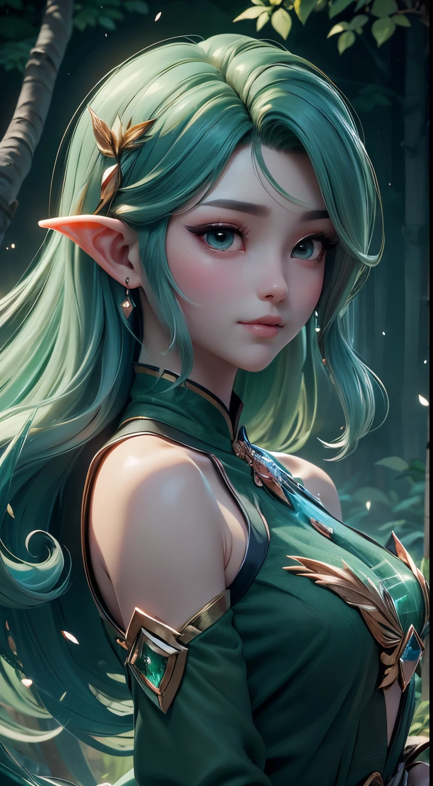 (Masterpiece, Top Quality, Best, Official Art, Beautiful and Aesthetic, Long Exposure: 1.2), Smooth Movement, Charming Patterns, 1 Girl, (Long Dress with Sleeves: 1.3), (((Green Clothes) )), upper body close-up, bare shoulders, Chinese girl, blush, black lob hair, portrait, solo, upper body, looking at the observer, detailed background, detailed face, (crystallineAI, crystalline theme:1.1), elemental wood elf, rotation foliage, control foliage, emerald clothing, dynamic pose, floating particles, ethereal dynamics, foliage, vapor, forest in the background, green tint, forest, ethereal atmosphere,