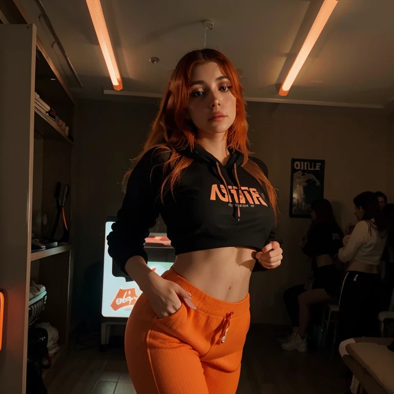 LoRA Model Paula Eal, alone, ultra realistic, cinematic photo, high quality, neon lights, colored neon lights, long bright orange hair, wearing sweat pants and oversized hoodie, total body, taken from 6 feet away