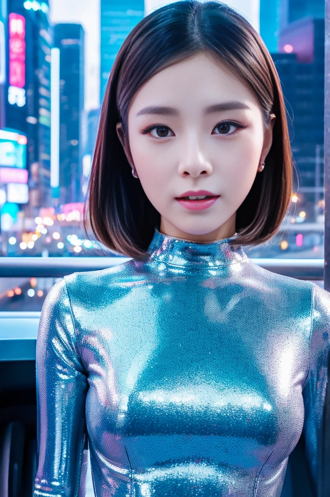 a woman in futuristic dress, in front of a futuristic city,1 woman, selfie, Korean idols, japanese beauty, high quality, (detailed face:1.4) best quality,8k,