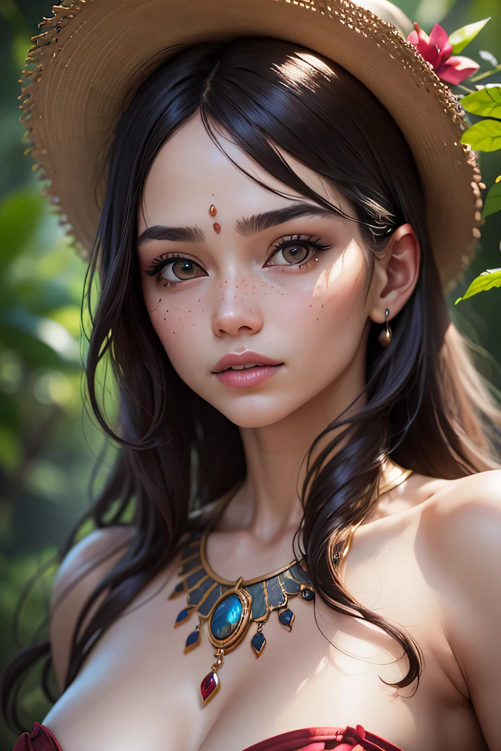 She is an Indian from the Amazon and her name is Muy and she is 20 years old., ((corpo inteiro: 1.2)), ((Very detailed skin: 1.2)), (Extremely beautiful and symmetrical face: 1.2), (pele ultra detalhada: 1.2), alto, master part, perfect lighting, florescer, Cinematic lighting, Luz crepuscular ligeiramente alta, adulto, pele perfeita, female, Olhando para o Viewer, retrato, parte superior do corpo, ultra detailed background of the amazon rainforest, ((.cgi: 1.2)), ((Motor Unreal 5: 1.2)), (RSEEmma:1.5), (seminu: 1.2), (dressed with ornaments of indigenous tribes: 1,2), seios, Mamilos, franja separada, cabelo detalhado , Sardas, sorrir, (ultra-high resolution, photoRealistic, Realistic, best quality, photoRealistic), (8k, Foto RAW, best quality, master part), (photon maping, radiosidade, rendering physically based, automatic white balance), technological sense, best quality, master part, illustration, CG, unidade, papel de parede, Arte Oficial, Amazing, detalhes finos, extremamente delicado e bonito, extremamente detalhado, altamente detalhado, foco nítido, fundo rico, Fundo desfocado , (pessoa real, fotografia), (((altamente detalhado skin, visible pores))),