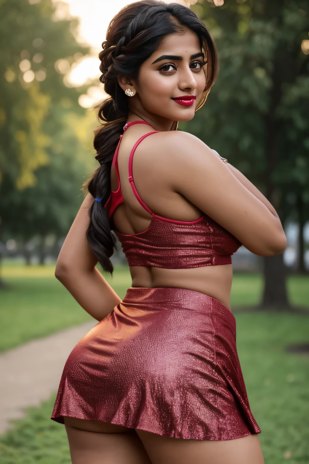 Pakistani girl Huma-Mishra, 20 years old, 36c size breast, big ass, semi-curvy body, french braid, hair over shoulder, seductive smile, red lips, croptop and mini skirt, in the park, cinematic lighting, f/16, Sony FE, 35mm, f/1.2, studio lights, UHD