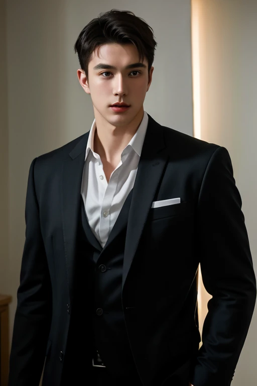 1man, a 25-year-old muscular man, wears a black suit, bodice, soft lighting, masterpiece, best quality, 8k ultra high definition, DSLR camera, film grain, Midjourney and greg rutkowski's Fujifilm XT3 realistic drawing art