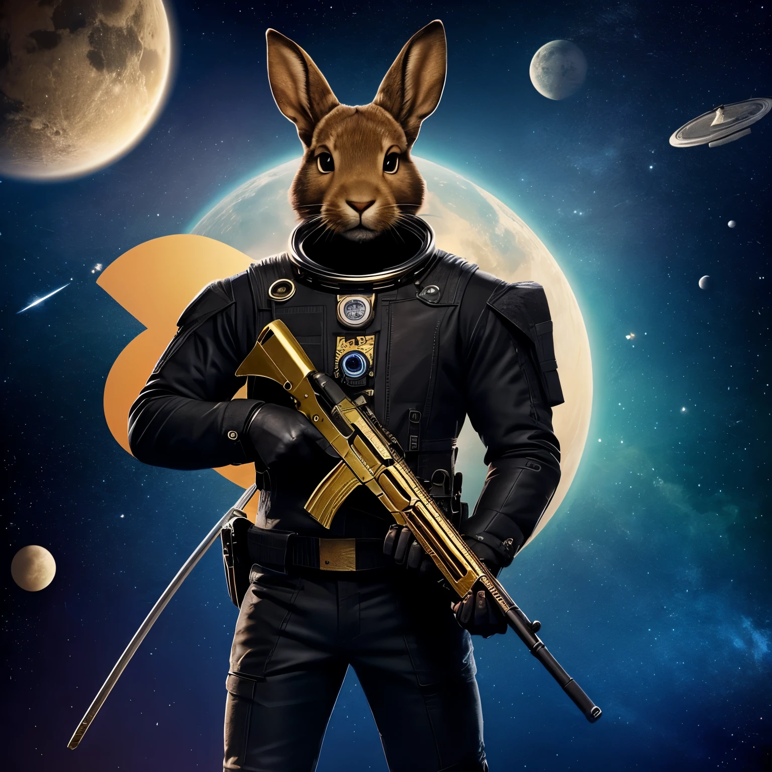 Man with rabbit head, utilizando um terno preto, wielding a golden pistol in his right hand, deve conter asas pretas, must be in space flying,