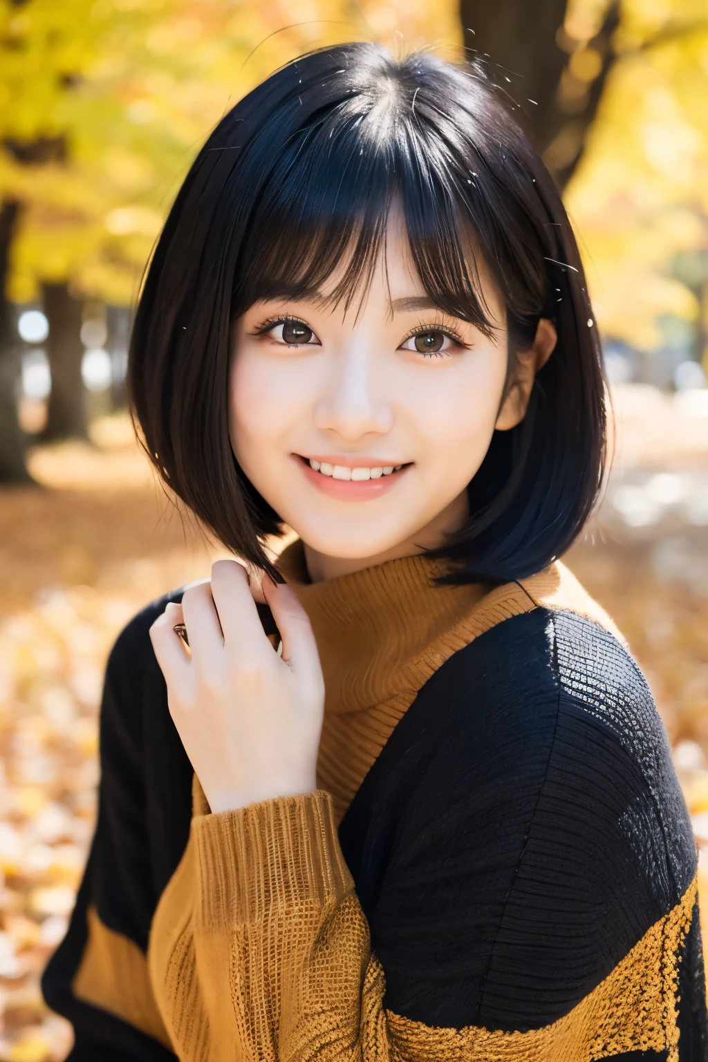 22year old(年轻)、Black Hair Bob、natural and light makeup、Autumn seems to be、Smiling expression、japanes、Natural finish、For autumn leaves、Portrait image、cute little