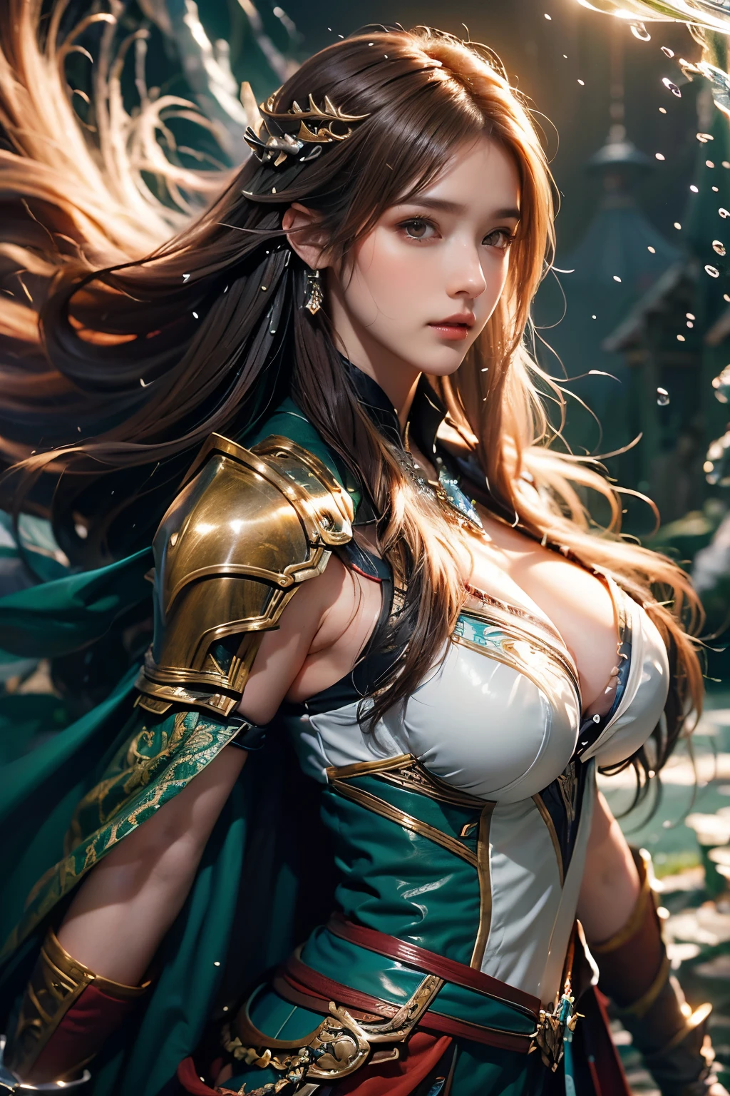 tmasterpiece，Best quality at best，A high resolution，8K，((Portrait))，(Head close-up)，Original photo，real photograph，digital photography，(Female adventurers in the medieval fantasy style)，(Magic Warriors in the Fantasy World)，18-year-old girl，(Hair gradients of black and red)，Gray随机发型，Red eyes，(White and gray gradient long hair，Gray)，(Big breasts)，An extravagant ornament，cparted lips，Keep your mouth shuegant and charming，((Blushing))，haughty contempt，Calm and handsome，(Medieval fantasy combat suit，Joint Armor，Lightweight leather protection，The Beautiful Magic Badge，Medieval armor combined with leather and metal，A delicate pattern，Cloak)，(Woman warrior)，Photo pose，medieval characteredieval fantasy style，rainy days，Lightning，forest backgrou，oc render reflection texture