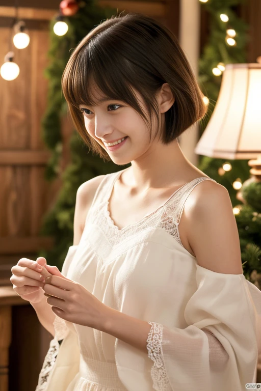 (((masterpiece))), 超A high resolution, realistic, ultra-detailliert, 8K,top-quality, Extremely detailed, Detailed background,in 8K、life-like、((1 persons))、 (Japan Beautiful Girl, Pure and innocent,kawaii, 14years) ,A slender,very beautiful japanese girl、dressing gown、White lace camisole、Upper body portrait,Detailed face:1.3), (Boyish short-haired :1.4), (a baby face,kawaii系,愛くるしい14years), (Perfect body:1.1),thin shoulders,Laughing so loud,((accurate hands without incongruity,Precise feet without discomfort))、Bright interior、Christmas atmosphere、Warm fireplace,Happy space,