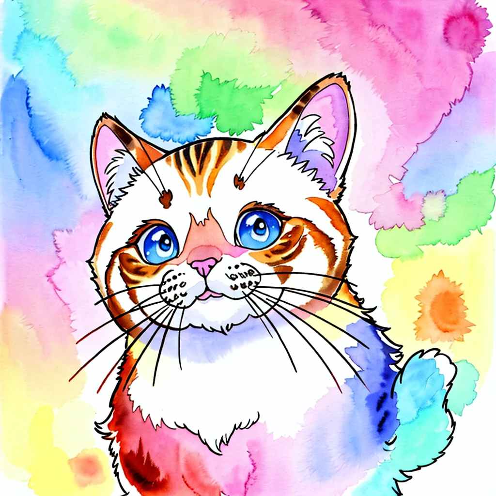 "best quality,highres,masterpiece:1.2,ultra-detailed,realistic,photorealistic:1.37,coloring line art,cat,beautiful detailed eyes,detailed fur texture,playful expression,cute pose,vivid colors,soft lighting,traditional art style,watercolor painting,subtle color gradients"