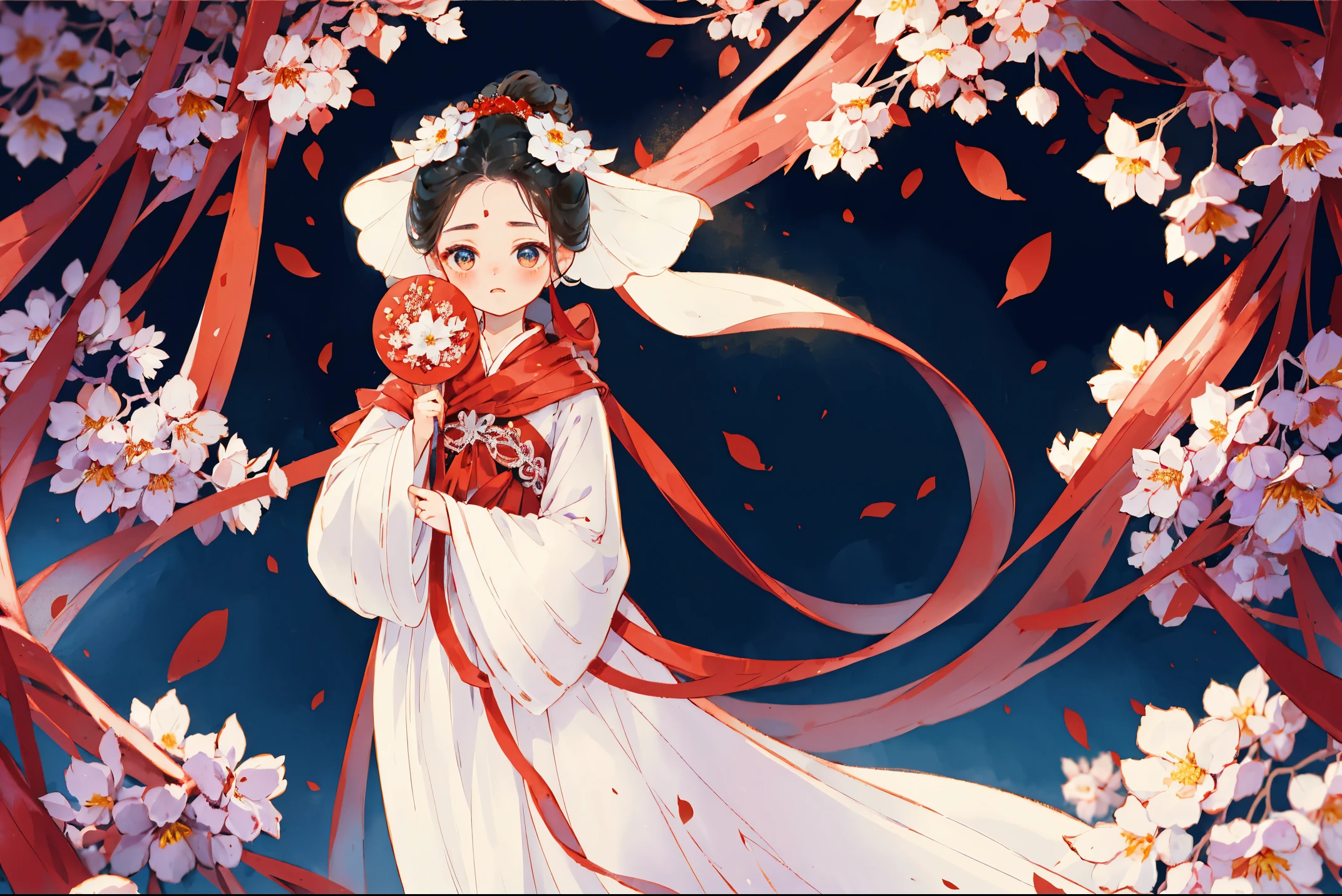 1 Sister, Alone, looking at viewert, face flushed, Background with, black hair color hair, hair adornments, longer sleeves, white backgrounid, Eternal, Full body lesbian, the bride, Red dress, Chinese Wedding Dress, Red veil covering face, Head Cover , Gorgeous Jifu, flowers blooming, hairflower, hair-bun, butterflys, tmasterpiece, recent quality, The finest details, Clear facial features, beautidful eyes