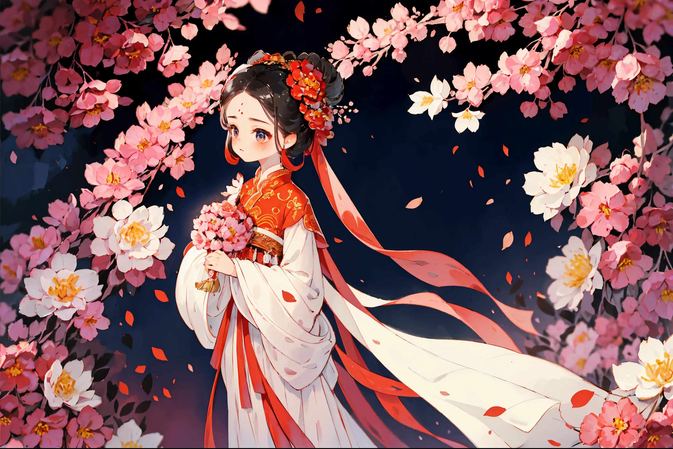 1 Sister, Alone, looking at viewert, face flushed, Background with, black hair color hair, hair adornments, longer sleeves, white backgrounid, Eternal, Full body lesbian, the bride, Red dress, Chinese Wedding Dress, Red veil covering face, Head Cover , Gorgeous Jifu, flowers blooming, hairflower, hair-bun, butterflys, tmasterpiece, recent quality, The finest details, Clear facial features, beautidful eyes