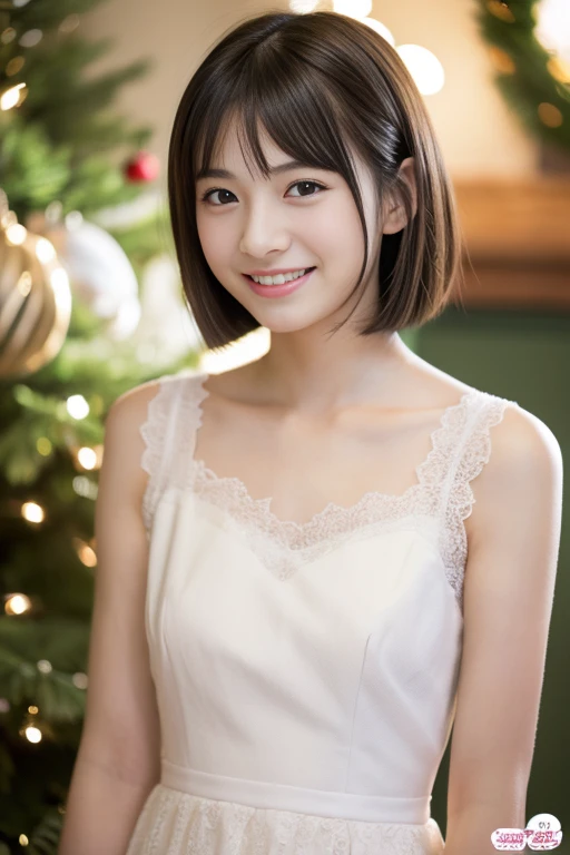 (((masterpiece))), 超A high resolution, realistic, ultra-detailliert, 8K,top-quality, Extremely detailed, Detailed background,in 8K、life-like、((1 persons))、 (Japan Beautiful Girl, Pure and innocent,kawaii, years) ,A slender,very beautiful japanese girl、White lace dress、Beautiful collarbone,Detailed face:1.3), (Boyish short-haired :1.4), (a baawaii系,愛くるしい14years), (Perfect body:1.1),thin shoulders,Looking forward with a really happy smile,thank you、((accurate hands without incongruity,Precise feet without discomfort))、Bright interior、Christmas atmosphere、Warm fireplace,Happy space