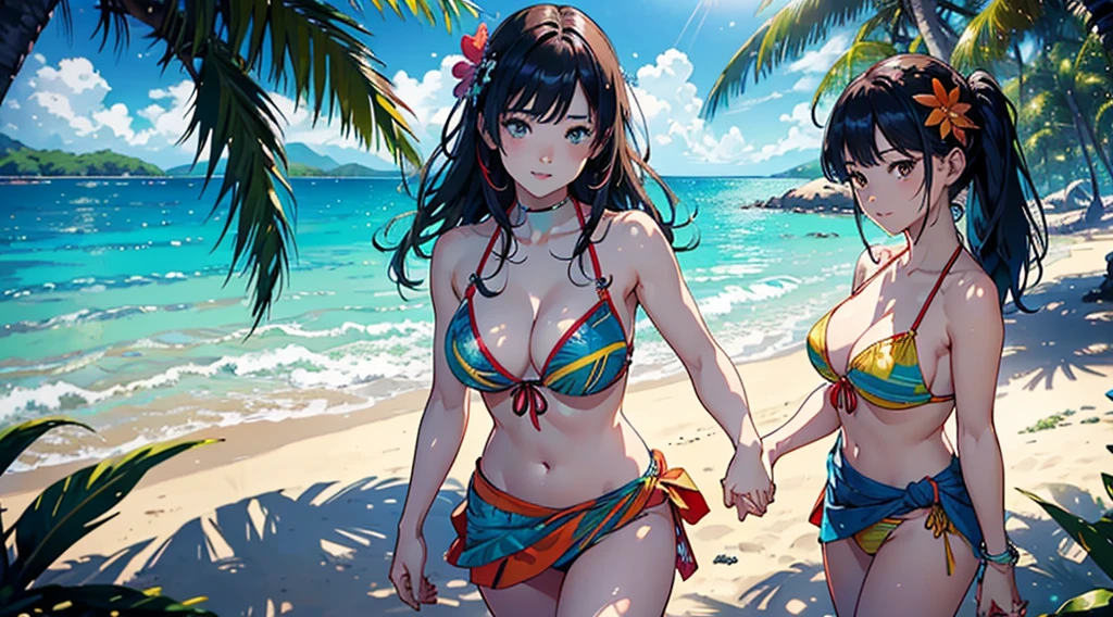 ​masterpiece、top-quality、超A high resolution、 [ 4 k digital art ]!!、 8k high quality detailed art、Wallpaper、 Detailed Digital Anime Art、Realisticity、Cinema Angle、hposing Gravure Idol、((Full Body Portrait of a Beautiful Woman))、((Three Women))、((Holding hands and hands))、cute  face、 (Detailed depiction of a beautiful face)、kindly smile、、年轻、Bikini swimwear、(Ethnic patterns and primary colors wrapped around the waist and skirt)、Photorealistic perfect body、((Beautiful tropical beach landscape photography))、light Particle、llight rays、Tropical、Against the background of palm trees、on a sunny beach、Against the background of the sea、blur backgroun、