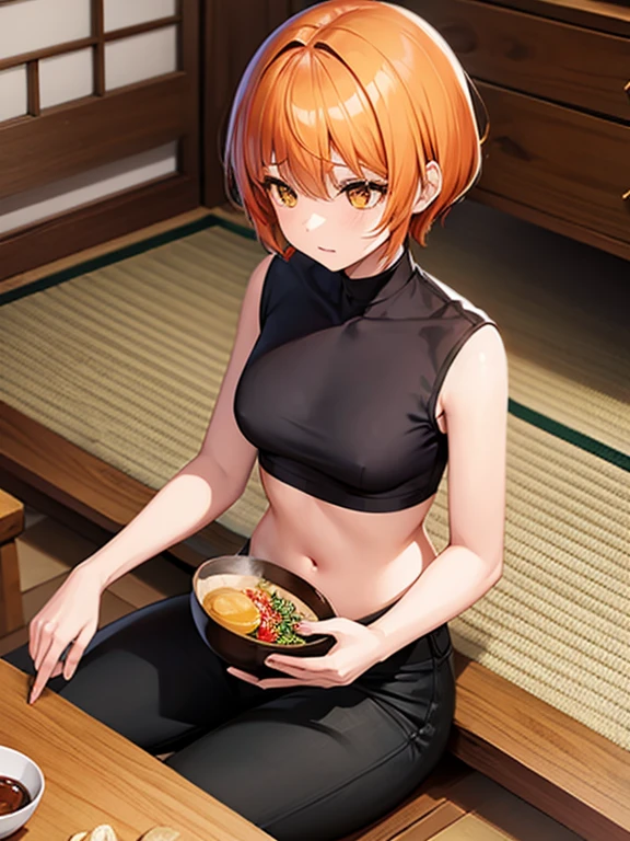 yorumac, yoru mac, short hair, bangs, (black eyes:1.5), blunt bangs, orange hair, bob cut, smile, bright pupils, BREAK looking at viewer, (cowboy shot:1.5), flat chest, very young, BREAK (masterpiece:1.2), best quality, high resolution, unity 8k wallpaper, (illustration:0.8), (beautiful detailed eyes:1.6), extremely detailed face, perfect lighting, extremely detailed CG, (perfect hands, perfect anatomy),