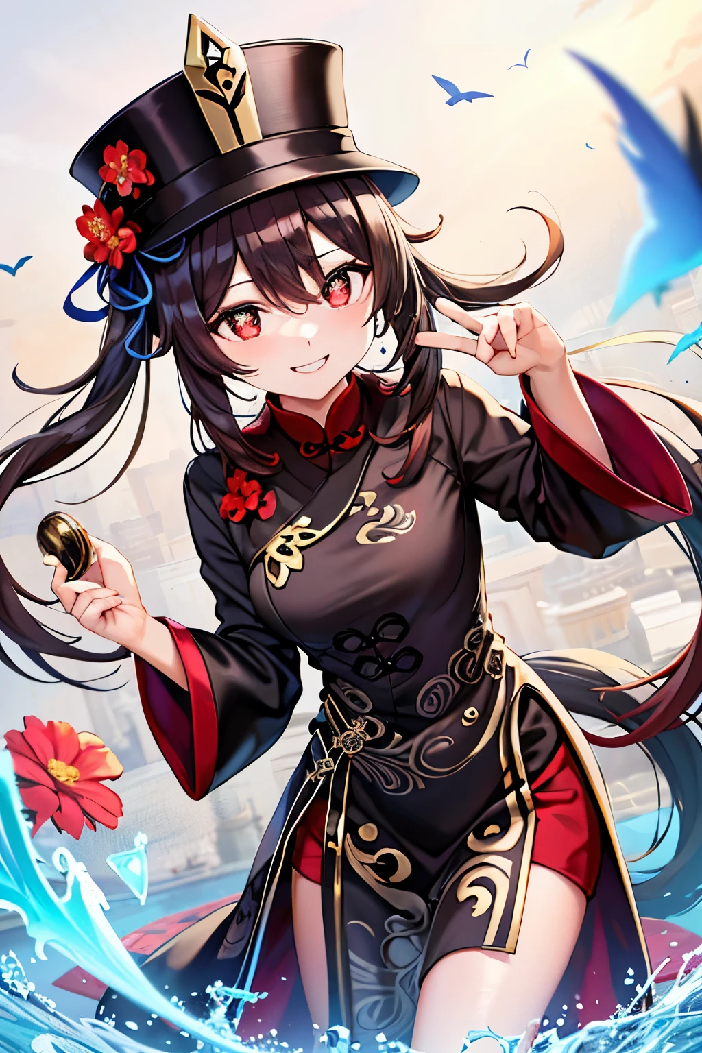 (best quality), (masute piece), ((beautiful:0.75) beautiful girl:0.75), [Clear and clean] Pixiv (插圖), (Hu Tao/(GenshinImpact/)), red eyes, pupils flower-shaped, hat, long brown hair, bangs, double-tailed, Chinese clothes, black shorts, wide sleeves, smile, light blue dress, wear, smile at me, gentle, affectionate, beautiful, love me with all your heart