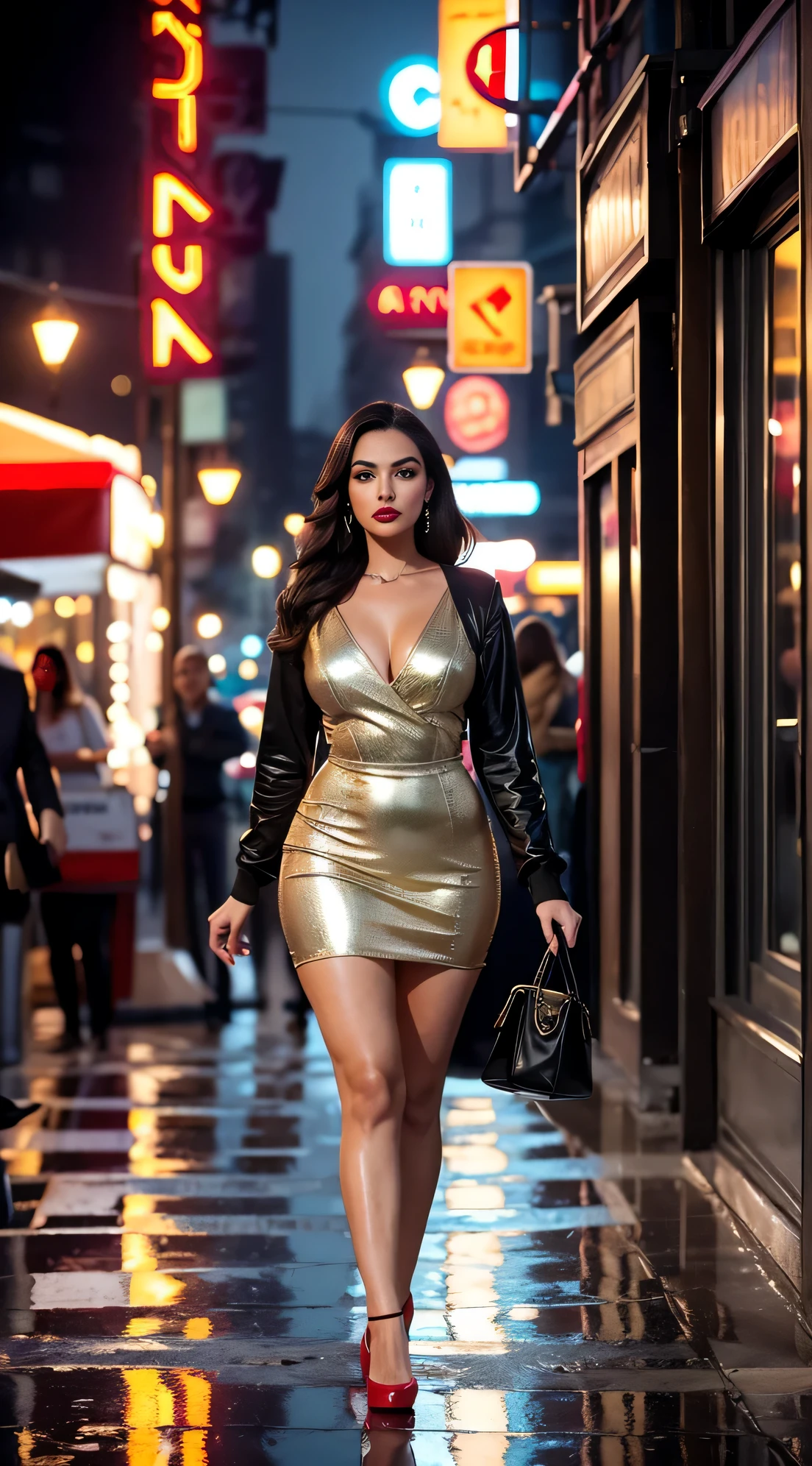 (a gorgeous,sexy,A dark-haired woman walks down a street),Oil painting,Ultra-detailliert,hight resolution,portrait,50er Jahre Mode,Lebendige Farben,Sanftes Licht,Verlockender Blick,naturgetreue Details,Urbane Szene,Kurven und Schatten,Reflexionen,Launenhaftigkeit,Vintage-Charme,Sicherer Schritt,Feminine Anziehungskraft,Straßencafé,Stadtatmosphäre,schwacher Zigarettenrauch,red lipstick and glamorous makeup,Hazy atmosphere,Anmutige Haltung,framed by architecture and street lights,Sanfte Brise, die ihr Kleid raschelt,Passanten waren von ihrer Anwesenheit verzaubert,lonely figure in a busy city,fasziniert von ihrem geheimnisvollen Charme.