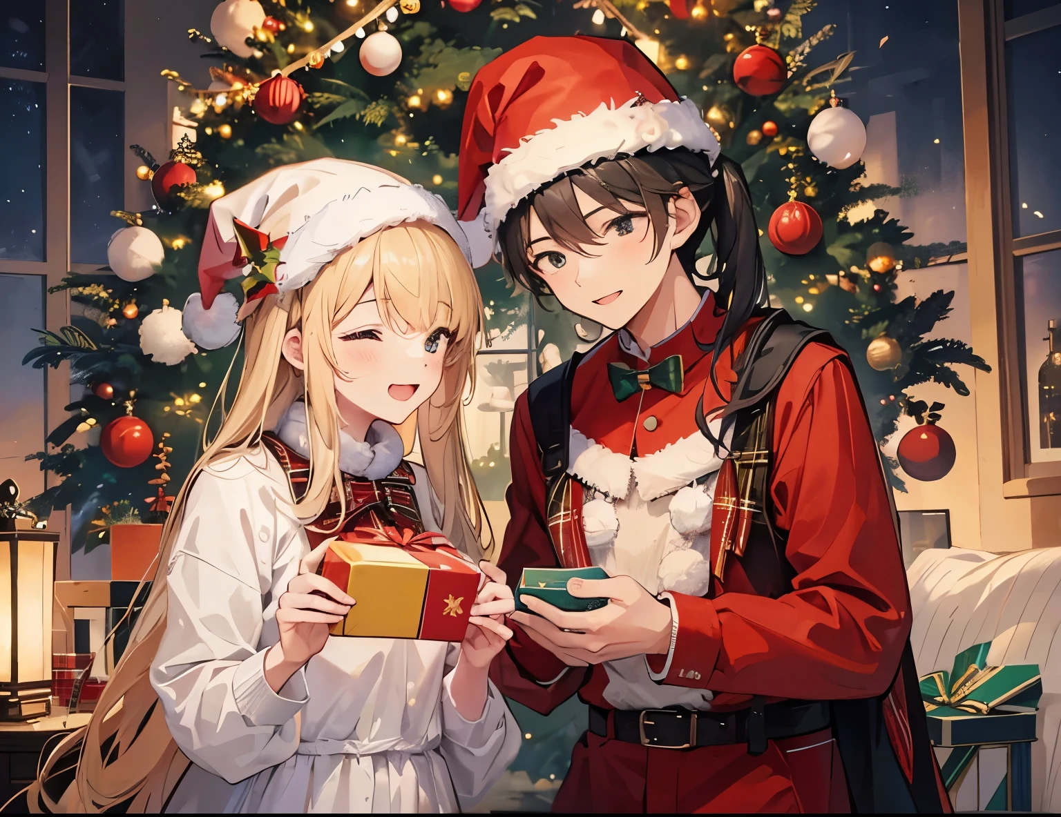 A couple (1male, 1female), Christmas tree, Christmas, gift, laugh, romantic atmosphere, happy atmosphere, landscape