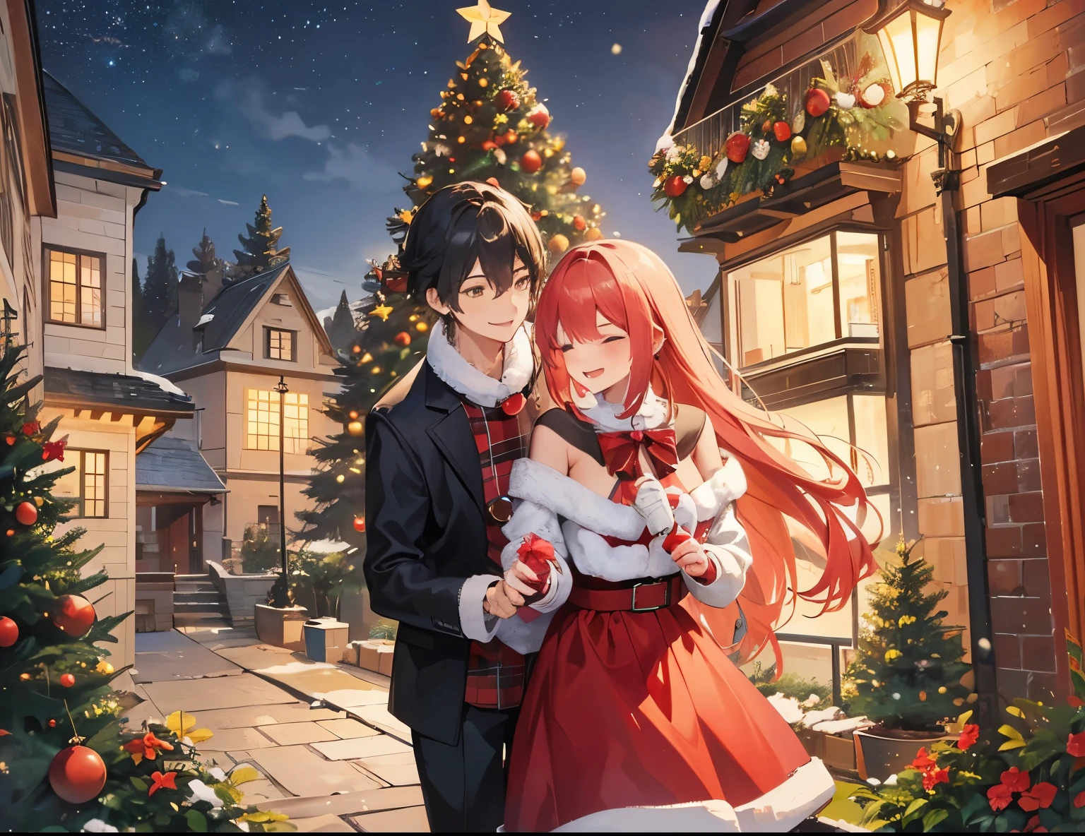 A couple (1male, 1female), Christmas tree, Christmas, gift, laugh, romantic atmosphere, happy atmosphere, landscape