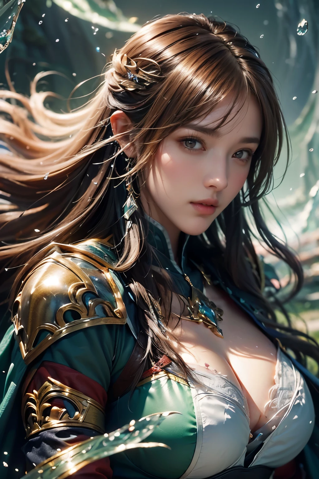 tmasterpiece，Best quality at best，A high resolution，8K，((Portrait))，(Head close-up)，Original photo，real photograph，digital photography，(Female adventurers in the medieval fantasy style)，(Magic Warriors in the Fantasy World)，18-year-old girl，(Hair gradients of black and red)，Gray随机发型，Red eyes，(White and gray gradient long hair，Gray)，(Big breasts)，An extravagant ornament，cparted lips，Keep your mouth shuegant and charming，((Blushing))，haughty contempt，Calm and handsome，(Medieval fantasy combat suit，Joint Armor，Lightweight leather protection，The Beautiful Magic Badge，Medieval armor combined with leather and metal，A delicate pattern，Cloak)，(Woman warrior)，Photo pose，medieval characteredieval fantasy style，rainy days，Lightning，forest backgrou，oc render reflection texture