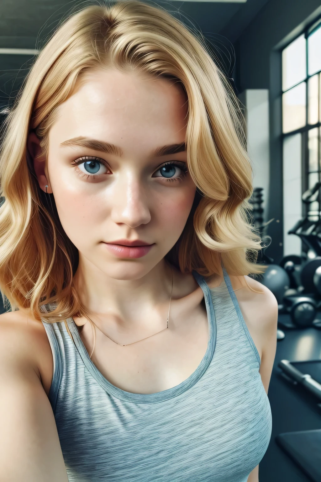 ultra realistic, highly detailed skin, A young woman, inspired by the natural elegance of ((blonde Barbara Palvin)) (hair dyed blonde),blonde hair,(self-shot), 24-year-old blonde RAW ultra-high definition portrait photos doing yoga, (low chest), specific details (textured!, shortcoming: 1.1), Bright blue eyes with lots of details (looking at the camera in), SLR lighting, reflector, Super quality, re-sharpen, depth of fields, cinematic grain (centre), Fuji XT3, Clear, Cadre Center, Nice face, lock focus, Delicate skin pores, A fitness enthusiast in the gym, wearing a sleek black yoga top, engaged in a focused workout session,