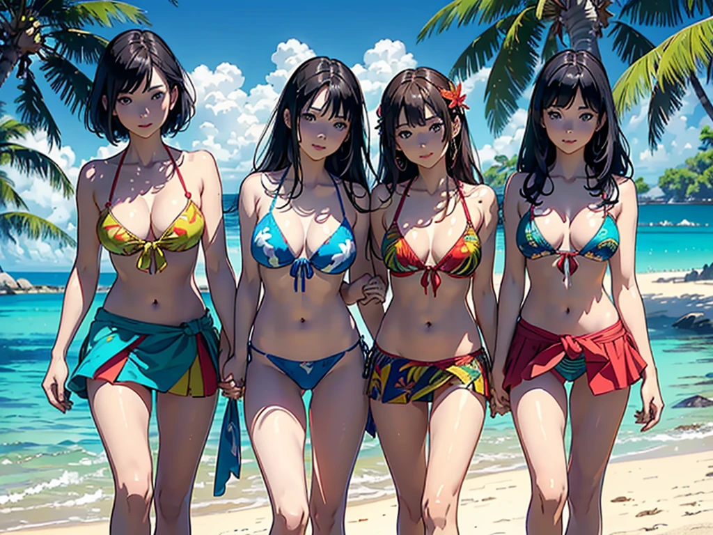 ​masterpiece、top-quality、超A high resolution、 [ 4 k digital art ]!!、 8k high quality detailed art、Wallpaper、 Detailed Digital Anime Art、Realisticity、Cinema Angle、hposing Gravure Idol、((Full Body Portrait of a Beautiful Woman))、((Three Women))、((Holding hands and hands))、cute  face、 (Detailed depiction of a beautiful face)、kindly smile、、年轻、Bikini swimwear、(Ethnic patterns and primary colors wrapped around the waist and skirt)、Photorealistic perfect body、((Beautiful tropical beach landscape photography))、light Particle、llight rays、Tropical、Against the background of palm trees、on a sunny beach、Against the background of the sea、blur backgroun、