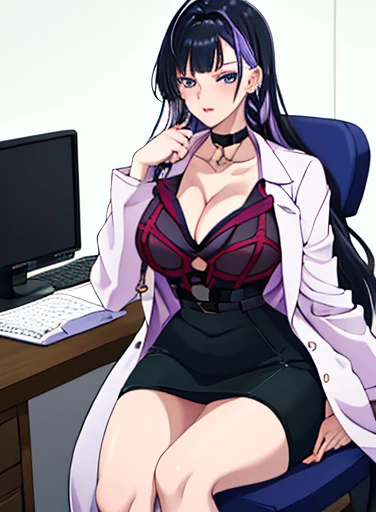 masterpiece, detailed, high quality, absurdres, meloco, 1girl, solo, arge breasts, curvy, wide hips, groin, choker, collared shirt, cleavage, black bra, labcoat, pencil skirt, side cutout, sitting, chair, infirmary,