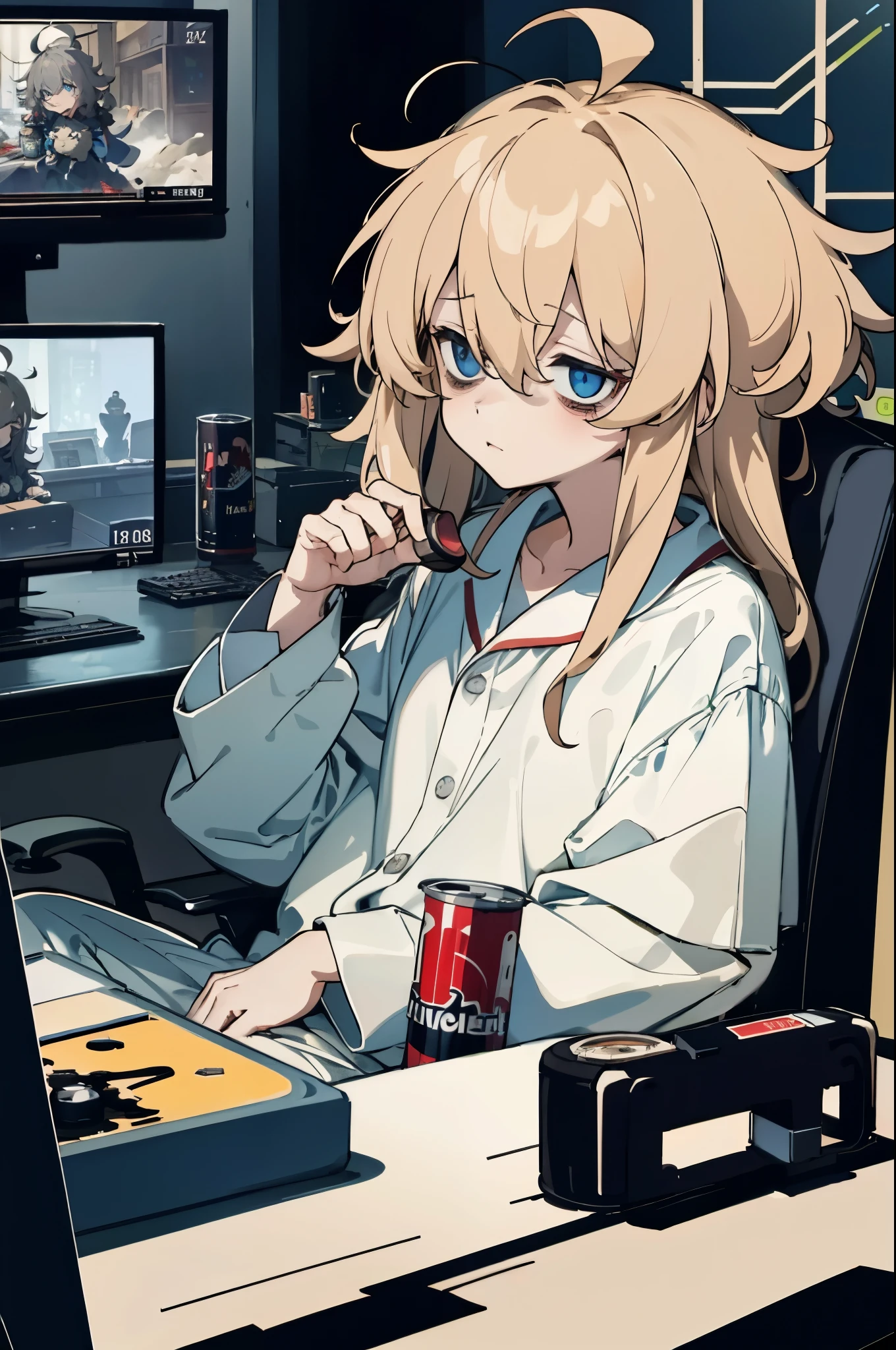 Masterpiece, best quality, high quality, ultra detailed, (masterpiece, best quality), long shot, detailed, 1girl, pajamas, messy hair, ahoge, disheveled hair, dark room, room is dark, game room, closed curtain, watching gaming monitor, energy drink cans dispersed all over the desk, tired eyes, yawning, sitting on the gaming chair, holding a game controler, midnight, turn of the lights