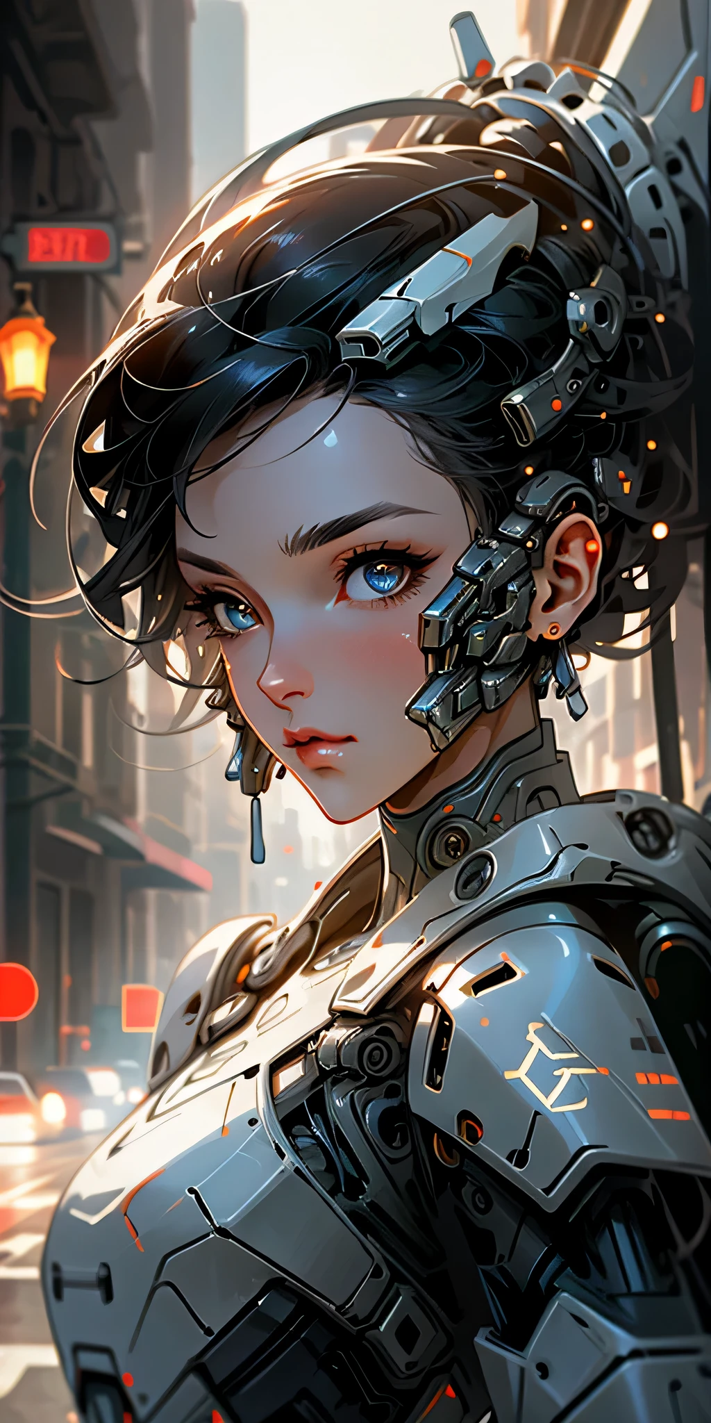 Portrait photo of an beuatiful woman ,perfect eyes , in a worn mecha exosuit,((light bokeh)), intricaeel metal [rusegant, sharp focus, photo by greg rutkowski, soft lighting, vibrant colors, masterpiece, ((streets)), detailed face