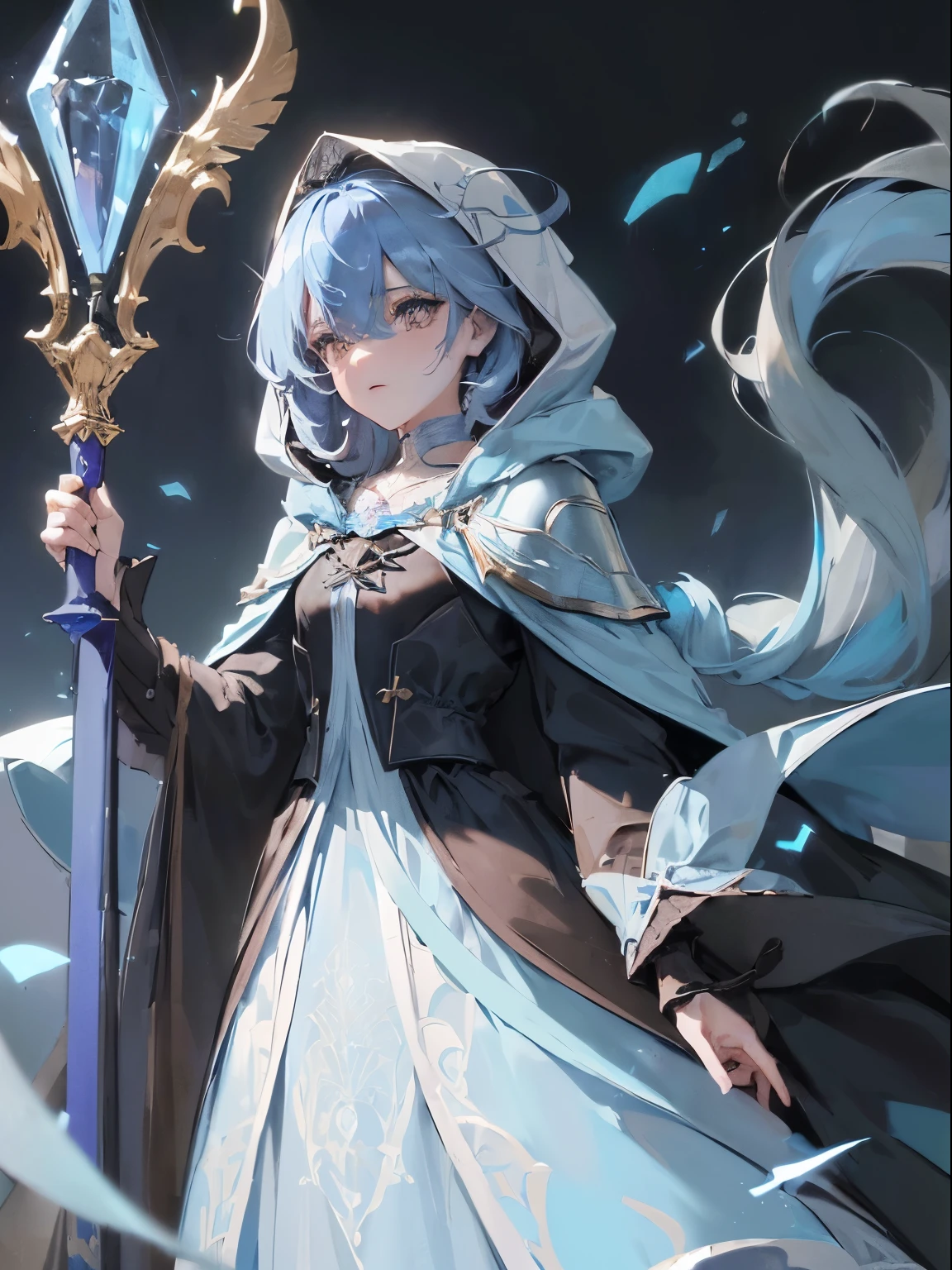 1girl, flat chest, sorceress, ((light blue shoulder length hair)), curtain bangs, ((high collar puffy long sleeves intricate long white gown under fancy black cloak)), holding detailed ultra 4k wizard staff with crystal that radiates azure flames, timid face, ((brown eyes)), ((fancy black cloak with hood over gown))
