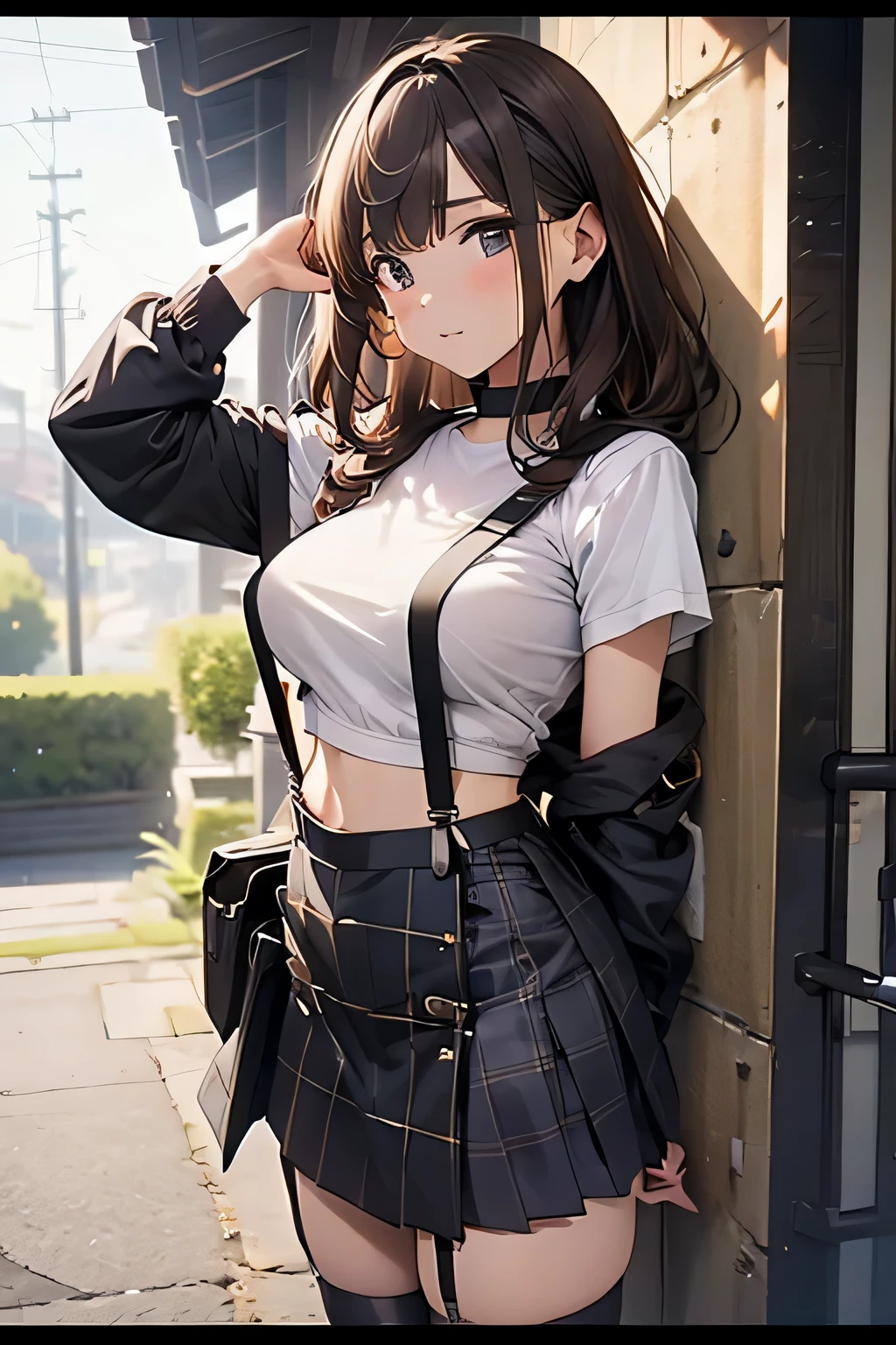 Brown hair、watching at viewers　　　black suspenders　　　Bulging big breasts　　 　 　　　walls: 　Black miniskirt　garters　　　　　　Gaze　　　Small face　bangss 　　　holster　　　Beautuful Women　　hands up　　レッグholster ベッドに横たわる　　Gaze 　black boots panty shot　provocation　flank　flank汗　soio 　arm