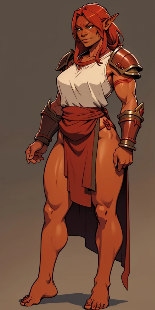 full body, barefoot, Solo, female, (orc, red skin), linen tunic, fantasy village, muscular, armor, slave outfit