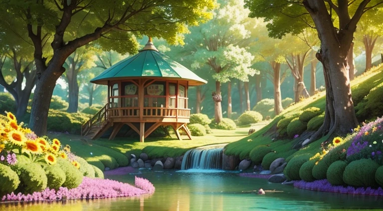 (super wide shot),(Best masterpiece),8K,Light up the colorful mushroom forest,Fine matte paint,夏天,Seafront,Rios,tree house,sunflower fields,lavender,MountainsMountainPeakigTree,Densely wooded,The leaves are green and dripping,The stream is gurgling。The visual effect is very beautiful,full of sunlight。
