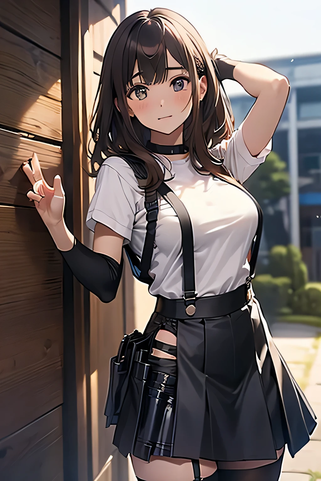 Brown hair、watching at viewers　　　black suspenders　　　bulging big tits　　 　 　　　walls: 　Black miniskirt　garters　　　　　　Gaze　　　a small face　bangss 　　　holster　　　Beautuful Women　　Hands up　　レッグholster ベッドに横たわる　　Gaze 　black boots panty shot　Provocation　flank　flank汗　Soio 　arms are