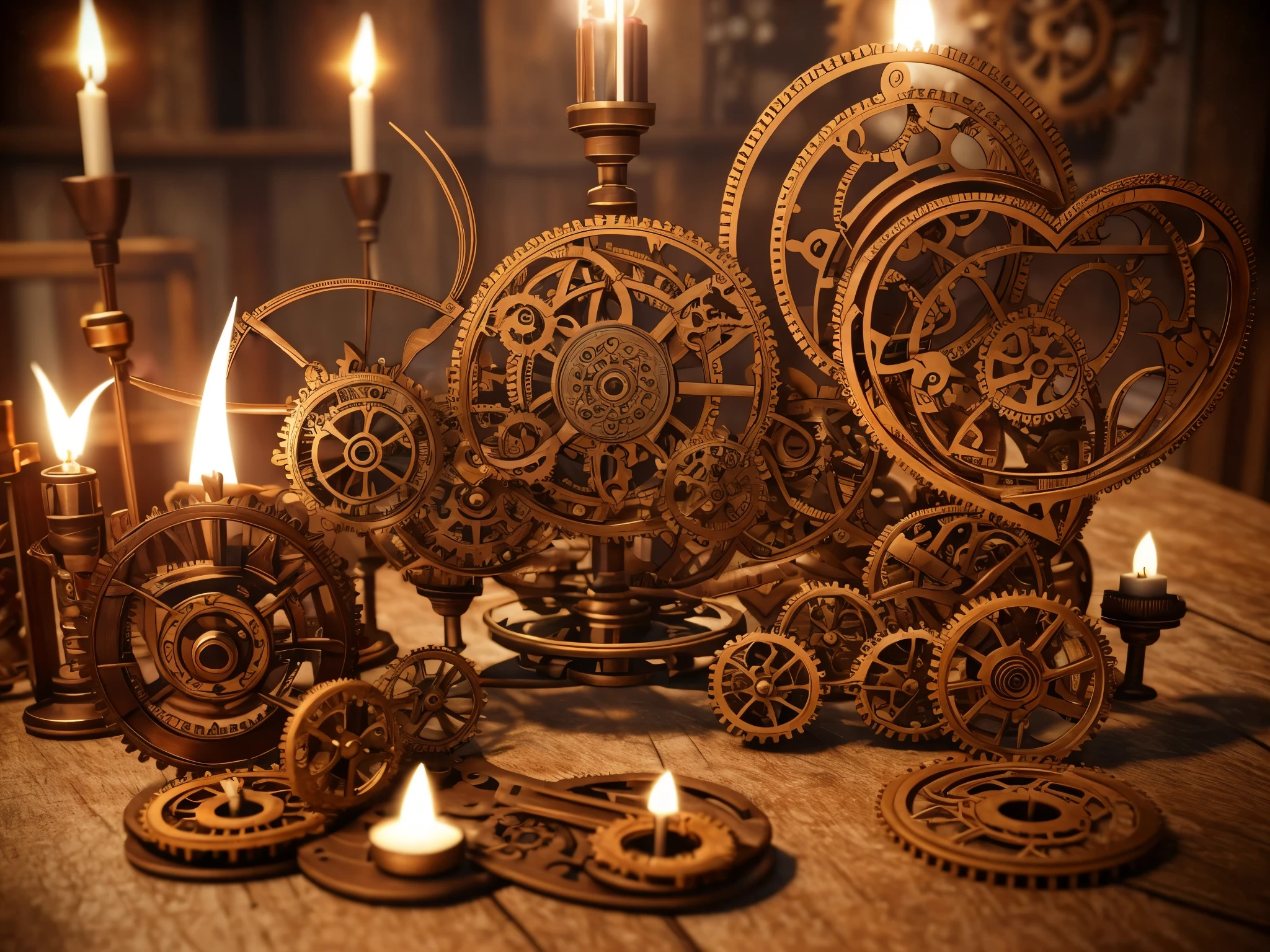 Visualize Cupid in a steampunk-inspired workshop crafting 3D hearts and roses with gears and intricate machinery, surrounded by swirling fractal patterns that represent the magic of love.