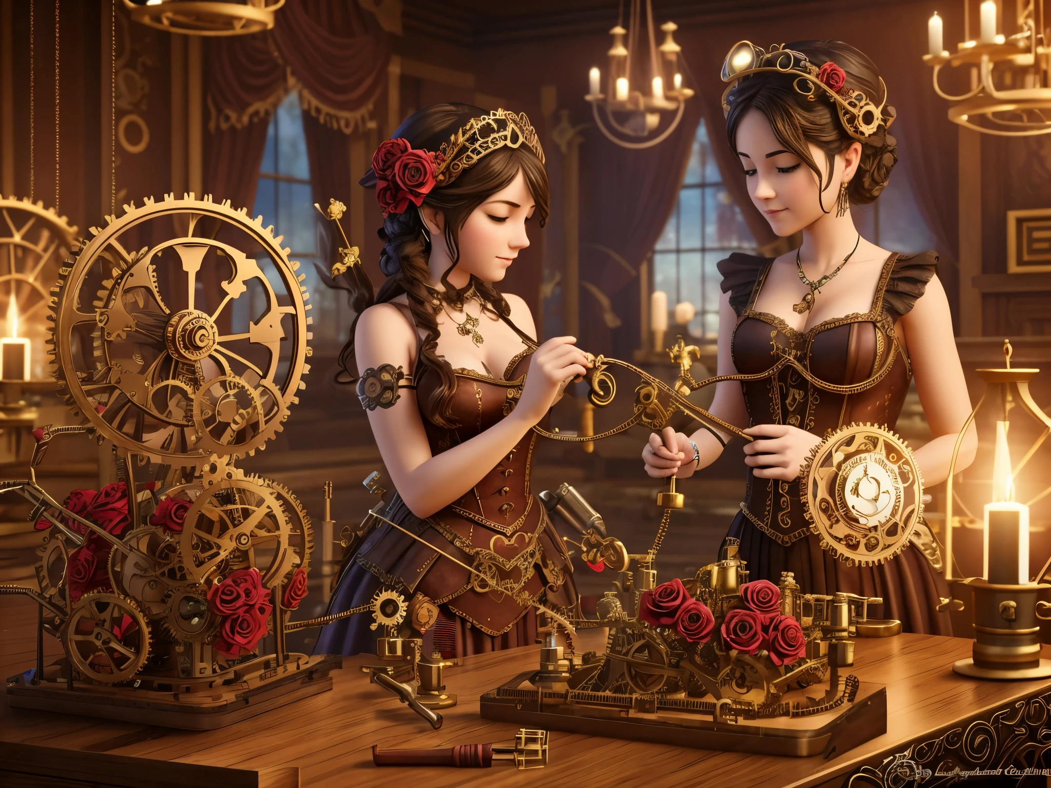 Visualize Cupid in a steampunk-inspired workshop crafting 3D hearts and roses with gears and intricate machinery, surrounded by swirling fractal patterns that represent the magic of love.
