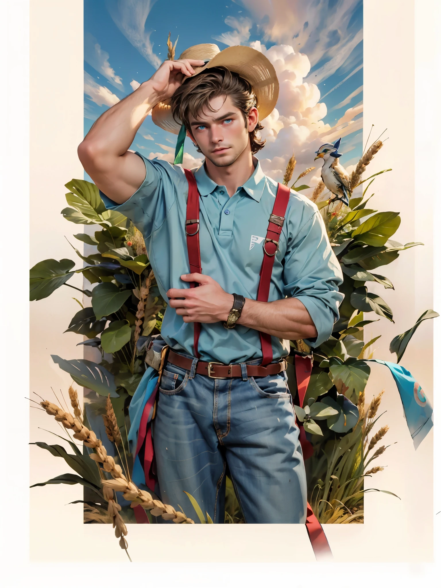 Sculpture design, Figure, (base). male people, Handsome, muscular, (with shaggy brown hair, blue eyes), stubble, wearing blue jeans and green polo shirt, wearing old farmer's straw hat, wheat field behind him, Systemic vision,semi transparent,Computer graphic arts,A high resolution,32K,best qualtiy,hyper HD, dunhuang_background