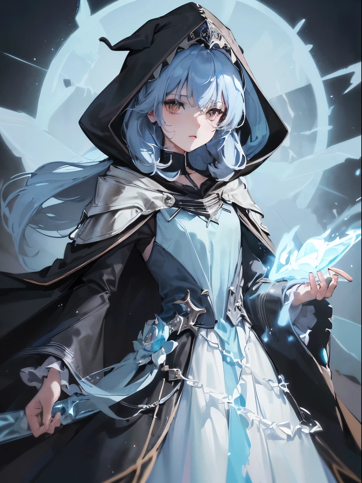 1girl, flat chest, sorceress, ((light blue shoulder length hair)), curtain bangs, ((high collar puffy long sleeves intricate long white gown under fancy black cloak)), holding detailed ultra 4k wizard staff with crystal that radiates azure flames, timid face, ((brown eyes)), ((fancy black cloak with hood over gown))