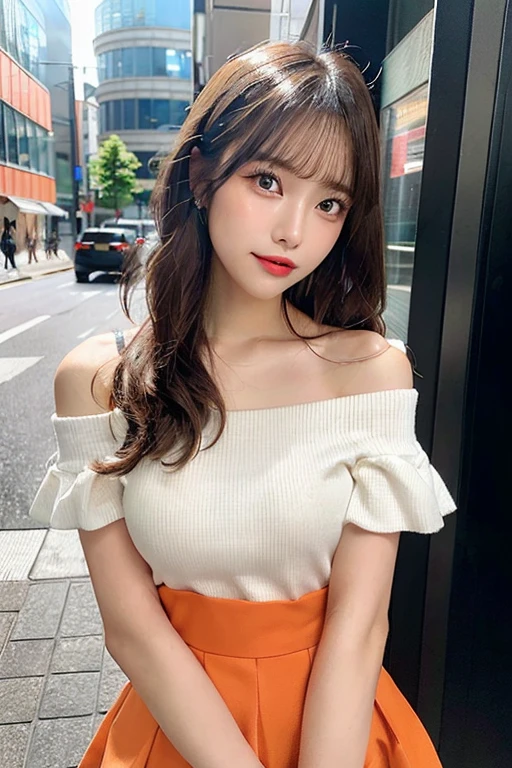 (masutepiece:1.3), High resolution, ultra-detailliert, the Extremely Detailed CG Unity 8K Wallpapers, Realistic, Photorealsitic, Raw photo, beautifull detailed face, pale skin, realistic glistening skin, Detailed Cloth Texture, detailed hair texture, Perfect body, Beautiful face, acurate, Anatomically correct, Highly detailed face and skin texture, Natural neck length, (Beautiful hands), (Fair skin:1.2), thin legs, Thin feet, 
BREAK, 
Detailed eyes, symmetrical eye, Light brown eyes, Double eyelids, Thin eyebrows, (Glossy lips:1.4), ((Waiting for a kiss:1.2)), (blush:1.1),
BREAK, 
(Classy and cute girl:1.3), (Wearing a classy off-shoulder white blouse), (Orange flared skirt:1.2), 
medium breasts, (Slender figure:1.1), Firm abs, Beautiful collarbone, 
(Dark blonde hair, Wavy Hair, Long hair:1.3), ((asymmetrical bangs:1.2)), (upperbody shot:1.2), Looking at Viewer, (From  above:0.65),
BREAK, 
((Stand close to me and reach out in front:1.3)), (She said I would wait in front of the station at 10 o'clock), 
(In a private working space), ((In a modern office in Japan)),